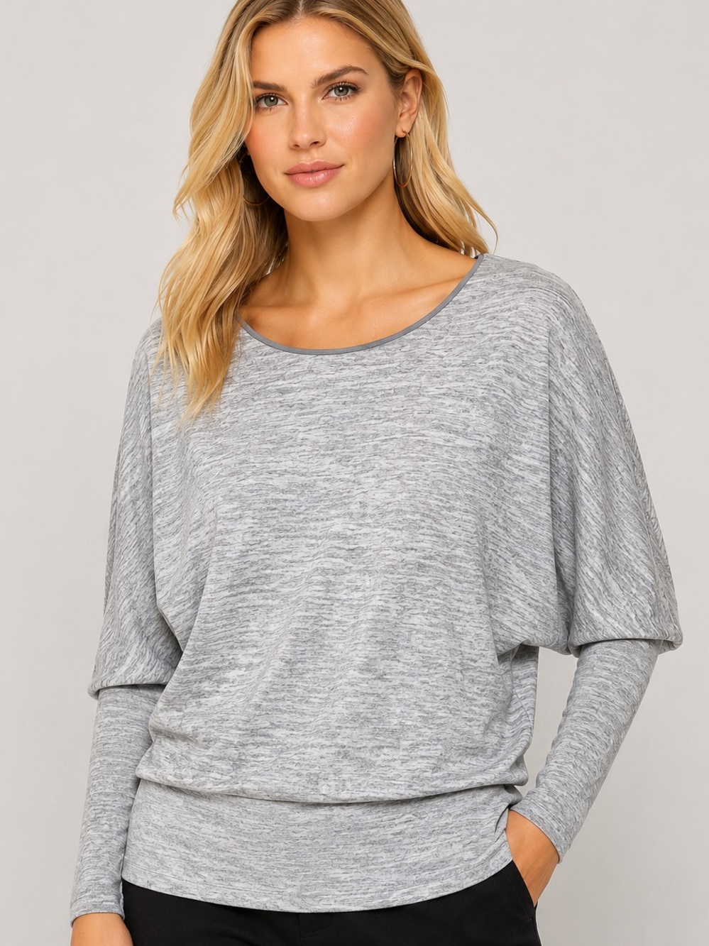 WHBM Heather Gray Dolman Batwing Long Sleeve Banded Soft Draped Career Top M